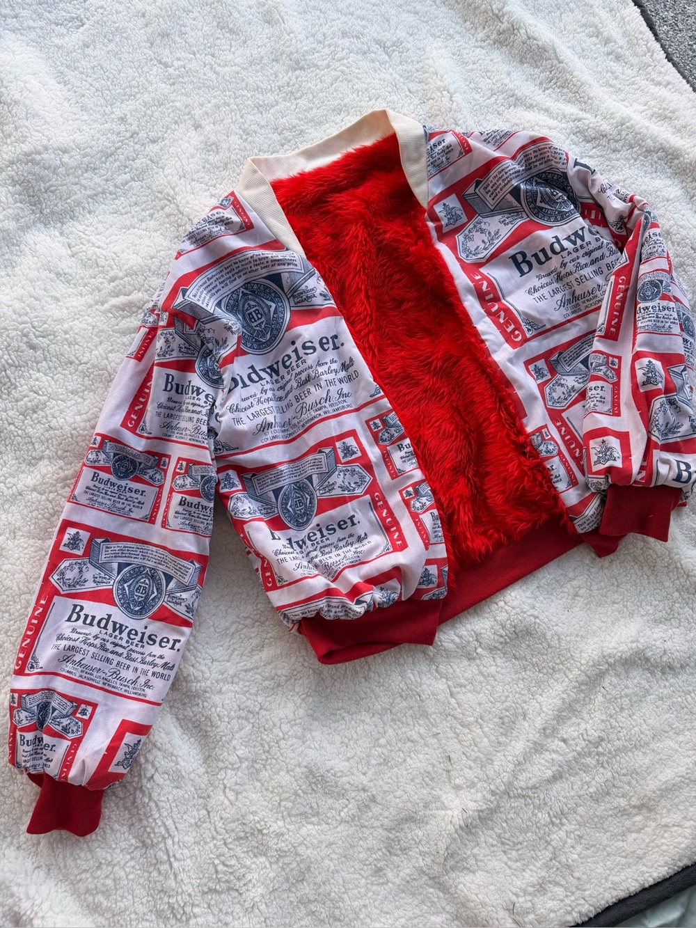Handmade Budweiser Red & White Logo Print Faux Fur Jacket